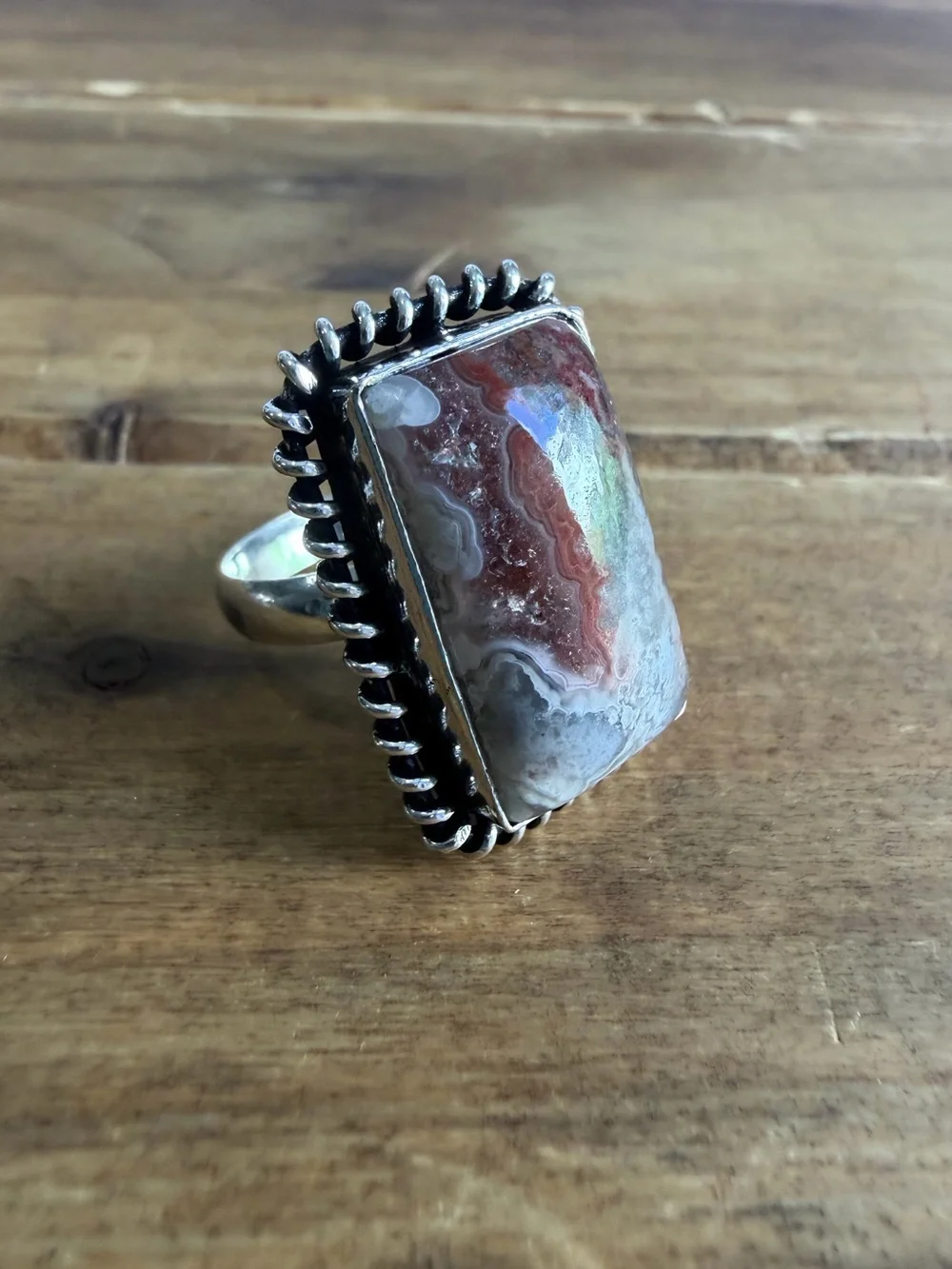 Crazy Lace Agate Stone Crystal Quartz Gemstone Ring Size 8 Silver Plated Native